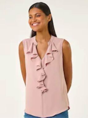 0082 Sleeveless Ruffle V-Neck Blouse - Dusty Pink